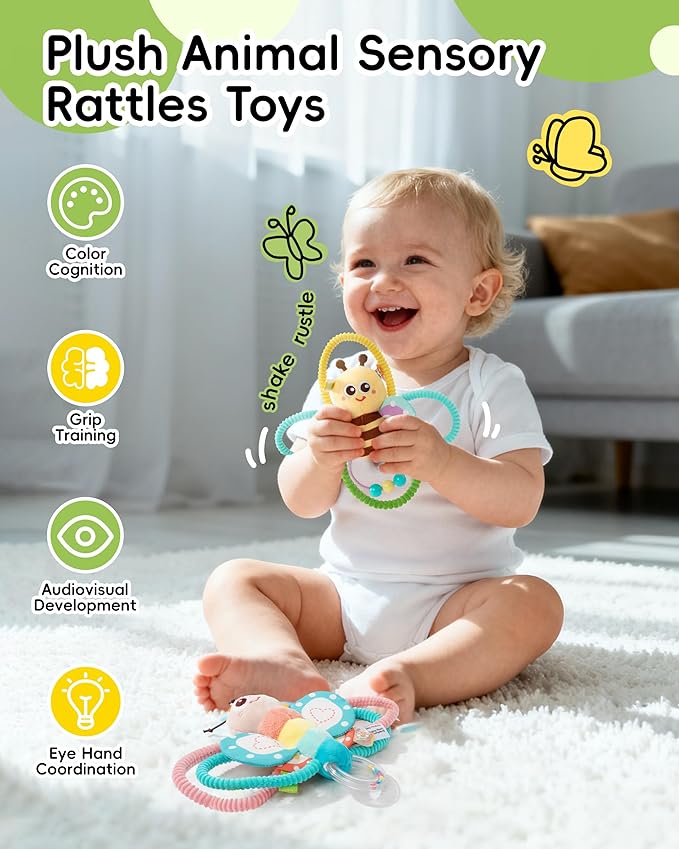 Jollybaby Soft Baby Rattles & Plush Rings Toy for Newborn 0-3-6-12 Months, Sensory Developmental Hand Teether Toys for Infant 0-2-4-7-8-9 Months, Baby Shower & Birthday Gifts - Butterfly