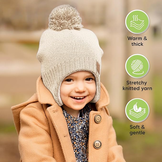 Baby Beanies, Baby Hats for Boys, Girls - Cute Toddler Winter Hat, Soft & Stretchy Beanies for Infant, Newborn 6-36 months, Cozy & Warm with Earflap Muff & Pom (Cream)