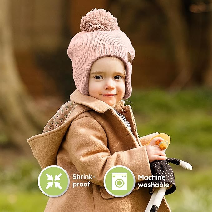 Baby Beanies, Baby Hats for Boys, Girls - Cute Toddler Winter Hat, Soft & Stretchy Beanies for Infant, Newborn 0-6 Months, Cozy & Warm with Earflap Muff & Pom (Blush, S)