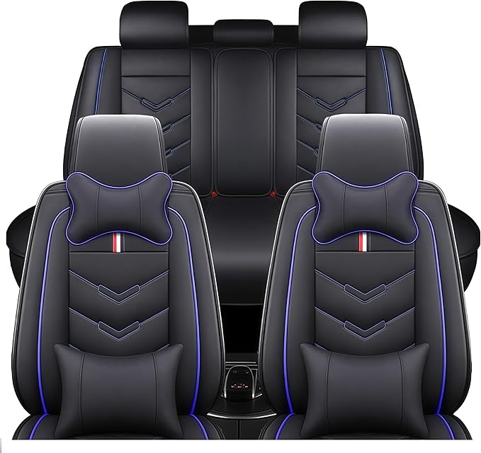 Leather Car Seat Covers Fit for LR LR4 2009-2016, 5 Seater Waterproof and Wear-Resistant Seat Cover Interior Accessories(Full Set with Pillow,Black&Blue)