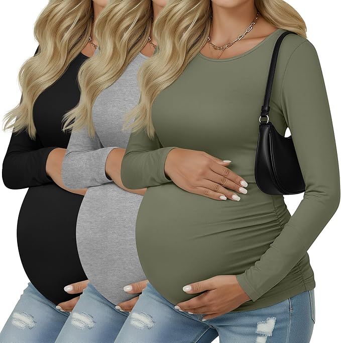 Ficerd 3 Pack Women's Maternity Shirts, Long Sleeve Side Ruched Pregnancy Tee Tops Crew Neck Casual Mama Clothes Basic Tunic