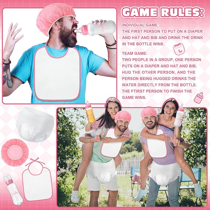 6 Sets Bottle Chug Baby Shower Games Juegos Para Plastic Baby Bottles Bibs Hat Disposable Diapers Gender Reveal Games Baby Changing Diaper Race Game Decoration (Pink)