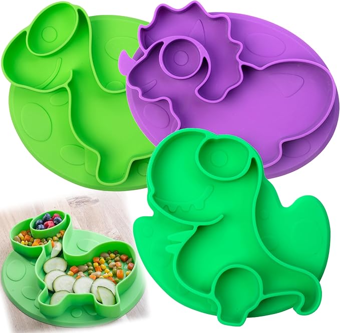 Dinosaur Silicone Compartment Plates- 3 PK T-Rex - Large Divided Sections for Easy Grabbing Baby Food Training, Non-Slip Unbreakable Material, Flexible Shapes for Toddlers, Kids - BPA Free, Food Safe