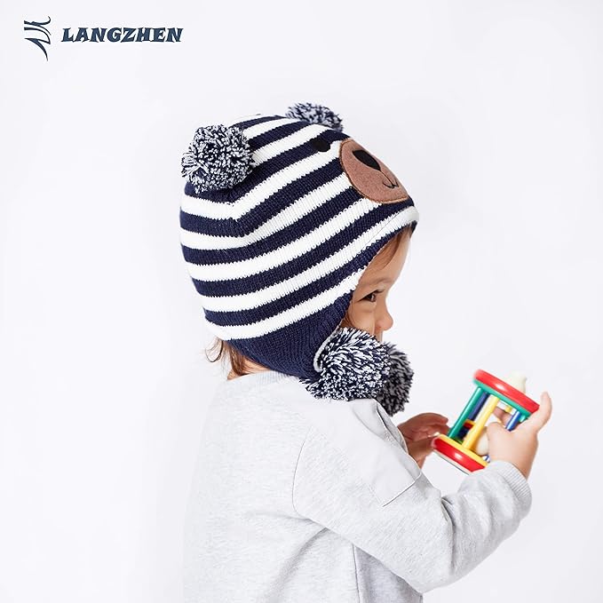 LANGZHEN Toddler Kids Infant Winter Hat,Earflap Knit Warm Cap Fleece Lined Beanie for Baby Boys Girls