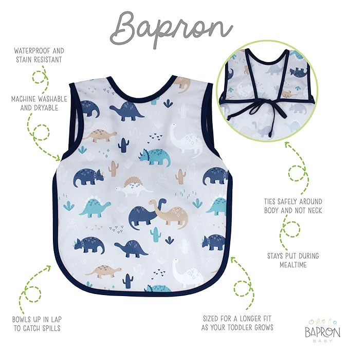 BapronBaby Desert Dinos Bapron - No Neck Tie Safer Bib for Baby & Toddler - Soft Waterproof Stain Resistant - Machine Washable - Sz Preschool 3-5yrs