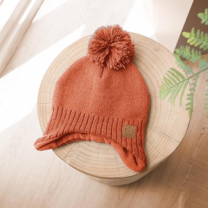 Baby Beanies, Baby Hats for Boys, Girls - Cute Toddler Winter Hat, Soft & Stretchy Beanies for Infant, Newborn 0-6 Months, Cozy & Warm with Earflap Muff & Pom (Clay, S)
