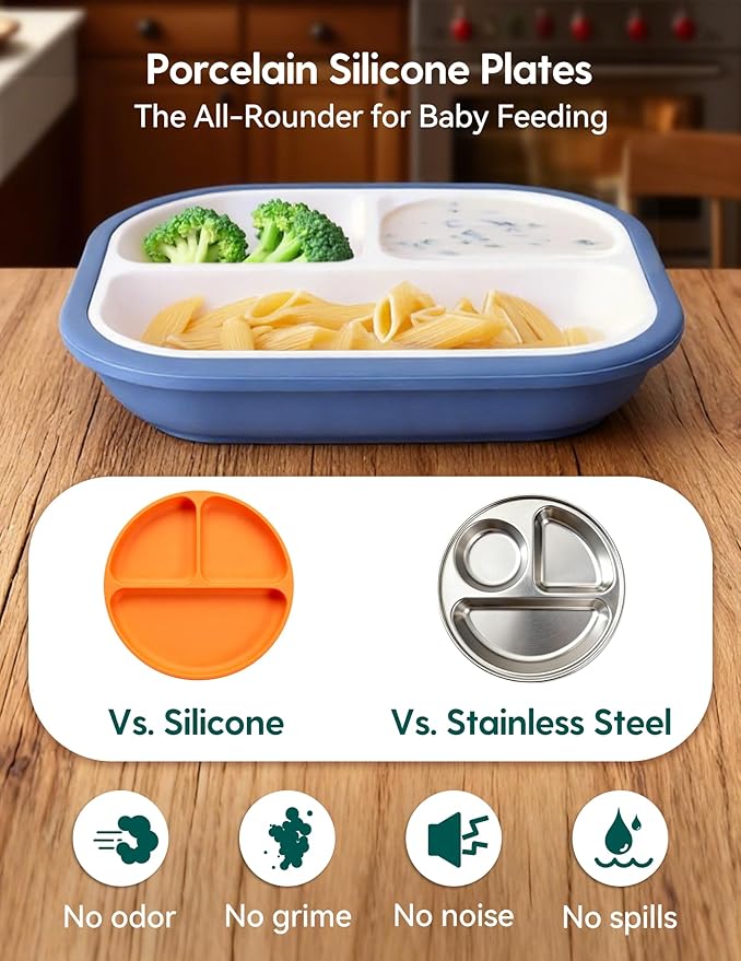 BABELIO 8'' Toddler Porcelain Plates with Silicone Suction Sleeves, Lead & BPA Free, Divided, Microwave & Dishwasher Safe, Stay Put, Suitable for Kids/Babies, Red