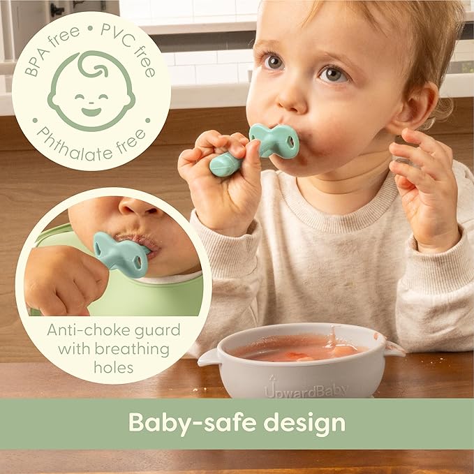Upward Baby Spoons Self Feeding 6+ Months - 3 Pack, Chewable Toddler Utensils with Anti Choke Barrier, Baby Feeding Essentials, Baby Spoons 4 months, Silicone Spoons, Red White Blue
