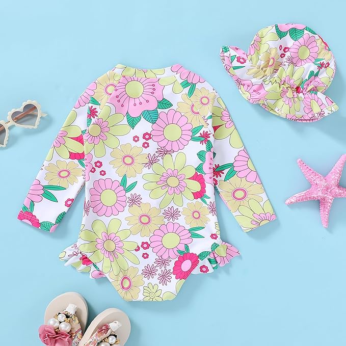 Infant Baby Girl Swimsuit One-Piece Long Sleeve Rash Guard with Hat Set Floral Zipper Bathing Suit Leopard Beach Wear