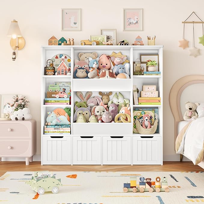 FINETONES Toy Organizers and Storage with 4 Movable Drawers, Large Toy Storage Organizer with 8 Open Storage Cubbies, Kids Bookshelf and Toy Storage with Hidden Wheels for Playroom, Kids Room,White