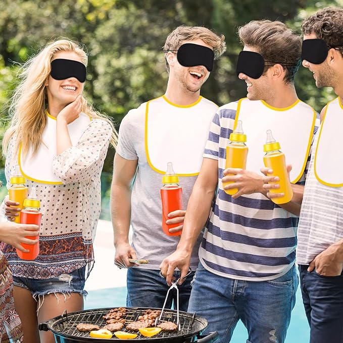 Leinuosen 24 Pcs Baby Shower Blindfold Feeding Game Set Include 6 Plastic Chug Bottles 6 Bib and 12 Eye Mask Blindfold Baby Feeding Bottle Chug Game for Adult Gender Reveal Party Supplies(Yellow)