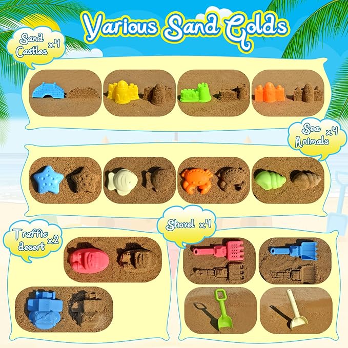 Collapsible Beach Sand Toys for Kids Toddlers,Travel Beach Toys with 3 Collapsible Sand Buckets,Shovels,Mesh Bags,Sand Molds,Castle Toys for Beach, Age 18+ Month