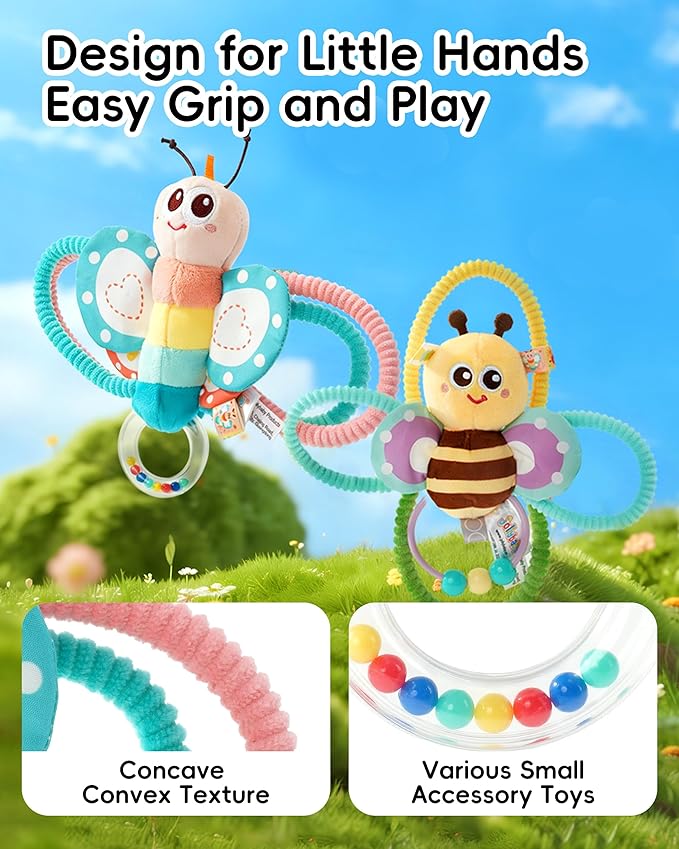 Jollybaby Soft Baby Rattles & Plush Rings Toy for Newborn 0-3-6-12 Months, Sensory Developmental Hand Teether Toys for Infant 0-2-4-7-8-9 Months, Baby Shower & Birthday Gifts - Butterfly