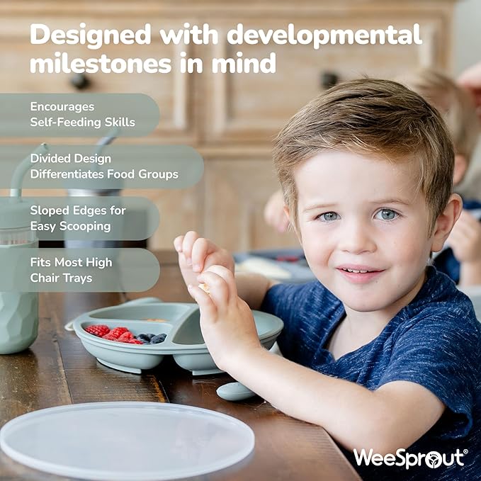 WeeSprout Silicone Divided Plates (With Lids), 100% Food Grade Silicone Divided Plates for Toddlers & Kids, Dishwasher & Microwave Safe