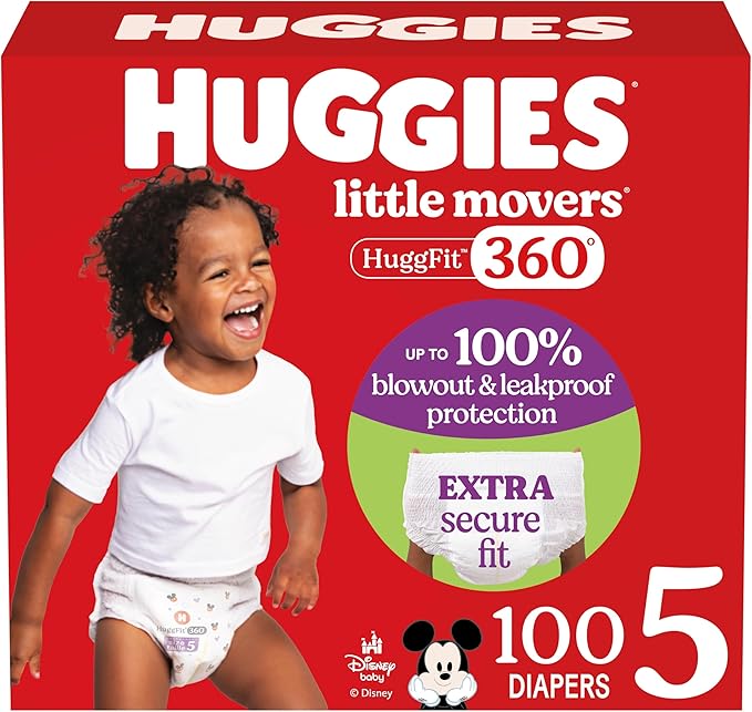 Huggies Size 5 Baby Diapers, Little Movers HuggFit 360° Baby Diapers with 360° Waistband, Size 5 (27+ lbs), 100 Count, Packaging May Vary