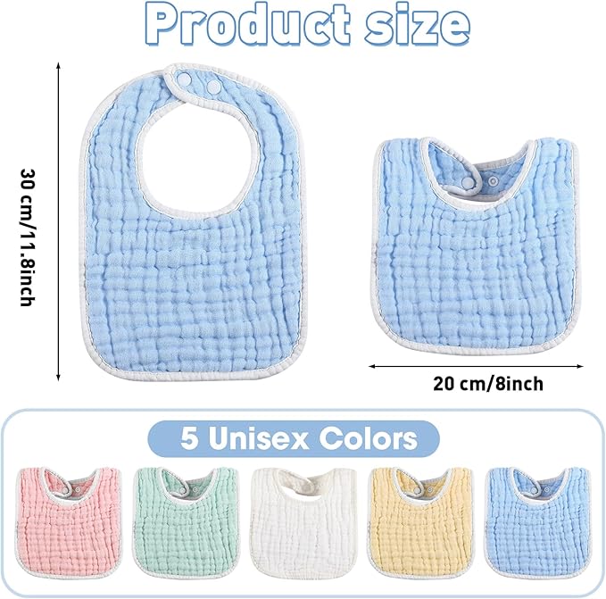 Tatuo 50 Pcs Muslin Baby Bibs Bulk Muslin Cotton Teething for Boy Girls Burp with Snap, Baby Bandana Drool Absorbent Bibs for Newborn Infant Teething and Drooling, 6 Layers