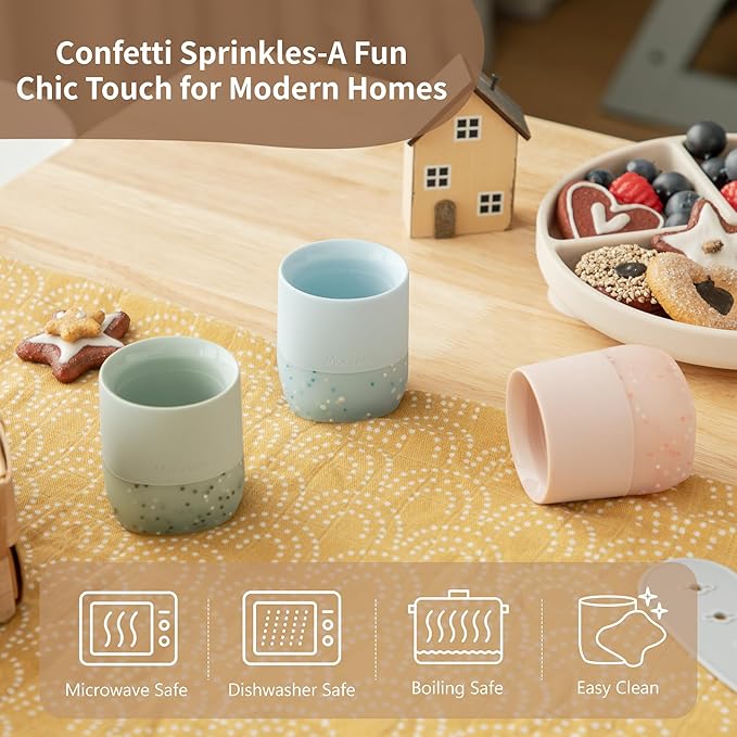 Moonkie Silicone Baby Cups 4 Months+ | Tiny Open Training Cups for Infants with Confetti Sprinkles | Baby-Led Weaning Essential | 2 oz (Ether/Mint, 2 Pack)