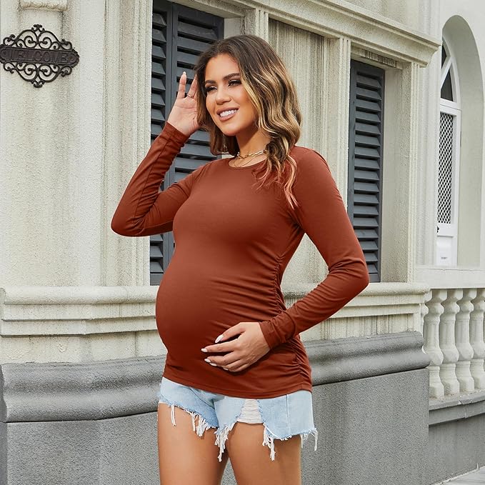 Bhome Women's Maternity Shirts 3 Packs Long Sleeve Pregnancy Tops Basic Side Ruched Tunic Blouse