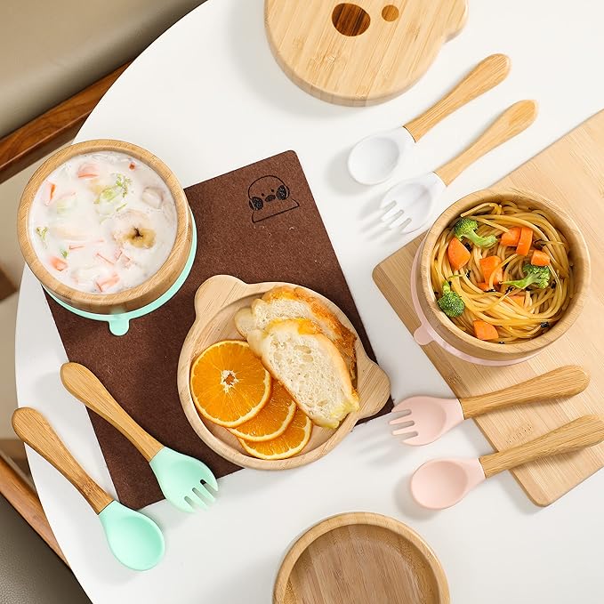 Baby Bowls with Lid,HBM Bamboo Suction Bowls for Baby and Spoon Set,3PC Feeding Supplies Set for Infant, Toddlers,Detachable Silicone Suction Stay Put Base for Wooden Bowl （Mint）