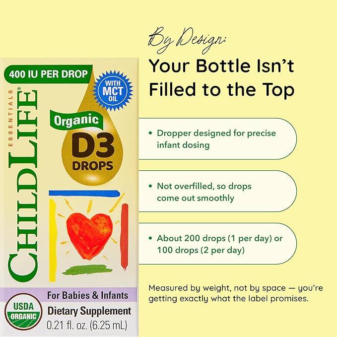 CHILDLIFE Essentials Organic Vitamin D3 Drops for Infants & Newborns - Baby Vitamin D Drops, 400 IU per Liquid Drop, Immune & Bone Health Support, USDA Organic, Flavorless - 0.21 Fl Oz (1 Pack)