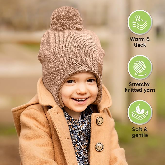 Baby Beanies, Baby Hats for Boys, Girls - Cute Toddler Winter Hat, Soft & Stretchy Beanies for Infant, Newborn 6-36 months, Cozy & Warm with Earflap Muff & Pom (Dune)