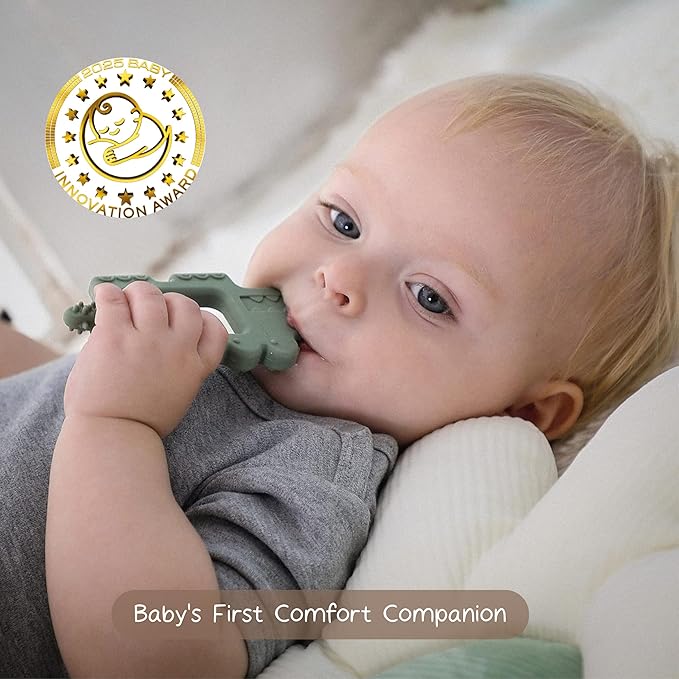 Moonkie Teething Toy, Safe & Easy to Hold BPA Free Silicone Baby Soothing Teethers, Prevent Finger Sucking Teether Toys Best for Babies 0-6 6-12 Months (Crocodile Sage)