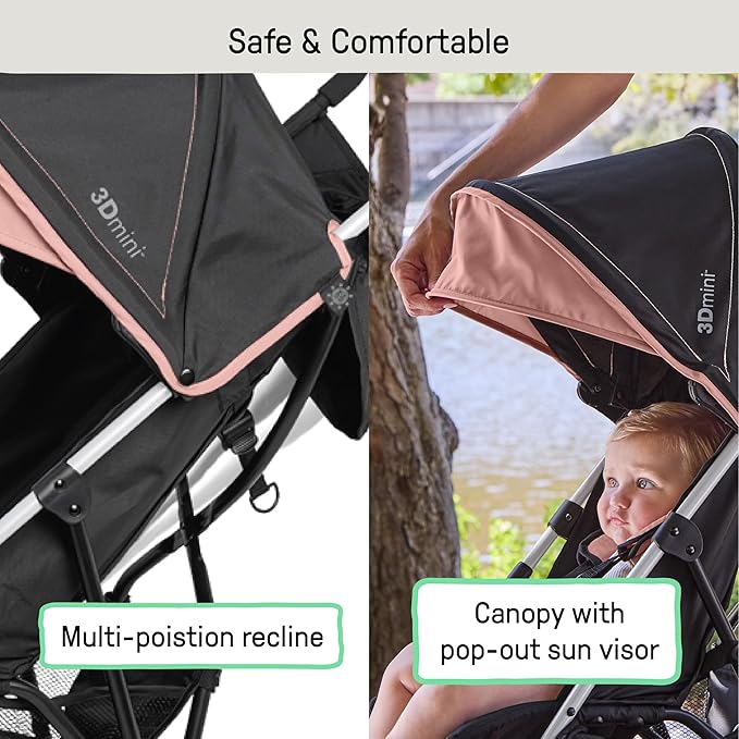 Ingenuity 3D Mini Convenience Stroller – Lightweight Stroller, Compact Fold, Multi-Position Recline, Canopy with Pop Out Sun Visor and More – Umbrella Stroller for Travel, Dusty Rose Pink