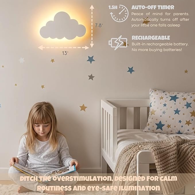 KALEOLI Cloud Night Light for Nursery - Dimmable & Rechargeable Kids Wall Lamp for Bedtime Routines - Crib & Baby Room Decor Nigth Light - 68Pcs Star Wall Decals Included