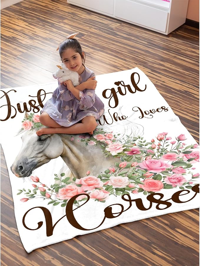 Just A Girl Who Loves Horses Blanket for Adults,Flowers Animals Throw Blanket for Girls Boys Lightweight Cute Horse Soft Cozy Flannel Blanket for Kids 90 * 120 Inches