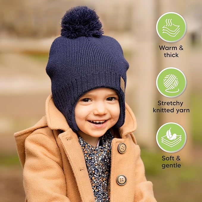 Baby Beanies, Baby Hats for Boys, Girls - Cute Toddler Winter Hat, Soft & Stretchy Beanies for Infant, Newborn 6-36 Months, Cozy & Warm with Earflap Muff & Pom (Navy)