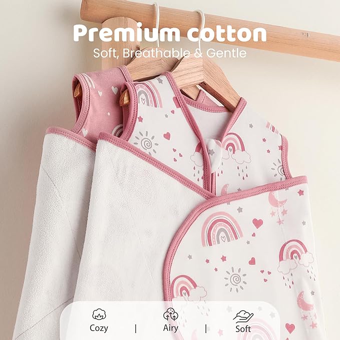 Baby Swaddle Sleep Sack 3-6 Months, Cotton Swaddles for Newborns Girls, 2-Way Zipper Transitional Infant Wearable Swaddling Blanket with Quiet Closure, 0.5 TOG 2 Pack Soft Pink Rainbow