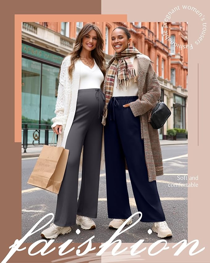 3 Pack Maternity Pants for Women Over The Belly Lounge Work Pregnancy Pants Drawing Wide Leg Trousers with Pockets