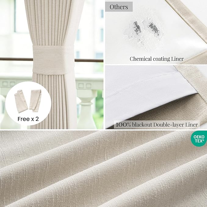 Topfinel Natural Linen Blackout Curtains with Back Tab for Tracks 96 Inch Long, Room Darkening Memory Trained Linen Drapes, Elegant Noise Cancelling Patio Door Curtains, Cream Beige,52" W*96" L