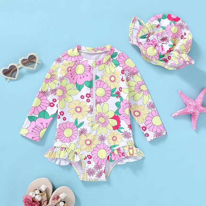 Infant Baby Girl Swimsuit One-Piece Long Sleeve Rash Guard with Hat Set Floral Zipper Bathing Suit Leopard Beach Wear