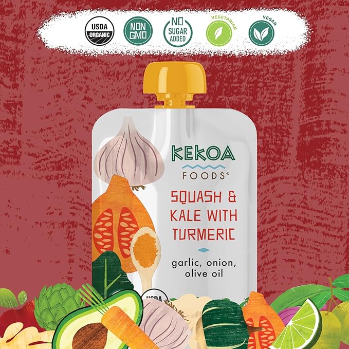 Kekoa Foods Squash & Kale with Turmeric Baby Food Purée | 100% USDA Certified-Organic Vegetarian Squeeze Pouch | Organic, Non-GMO, Gluten-Free, Vegan | Nutritious First Food for Babies | 3.5 oz