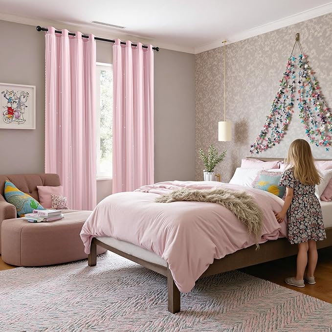 XiDi Light Pink Girls Curtains for Bedroom, Girls Room Blackout Curtains for 63 Inches Long Unicorn Bedroom Decor for Kids Room Darkening Curtains Decor Window Drapes 34x63 Inches