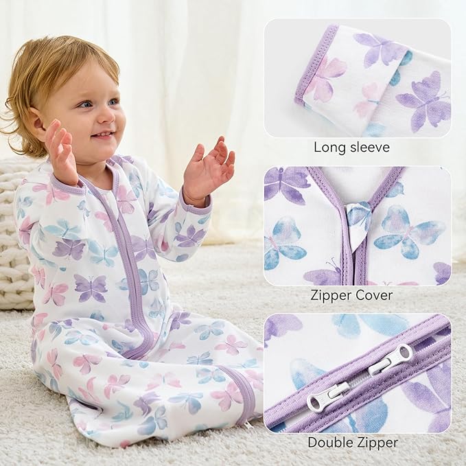 Baby Sleep Sack 12-18 Months, Long Sleeve Baby Wearable Blanket 0.5 Tog with Mittens, 2-Way Zipper Toddler Cotton Sleeping Sack for Boy and Girl Purple Butterfly 2 Pack(Large)