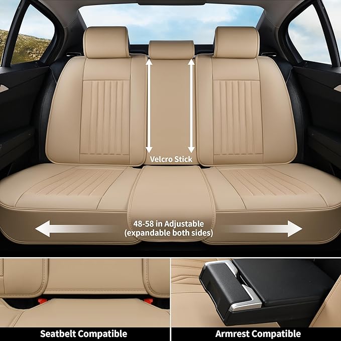 Coverado Front and Back Seat Covers for Cars, Nappa Leather Car Seat Covers, Automotive Seat Covers for Trucks, 5 Seats Waterproof Carseat Protector Car Seat Cover Beige, Universal Fit for Most Cars