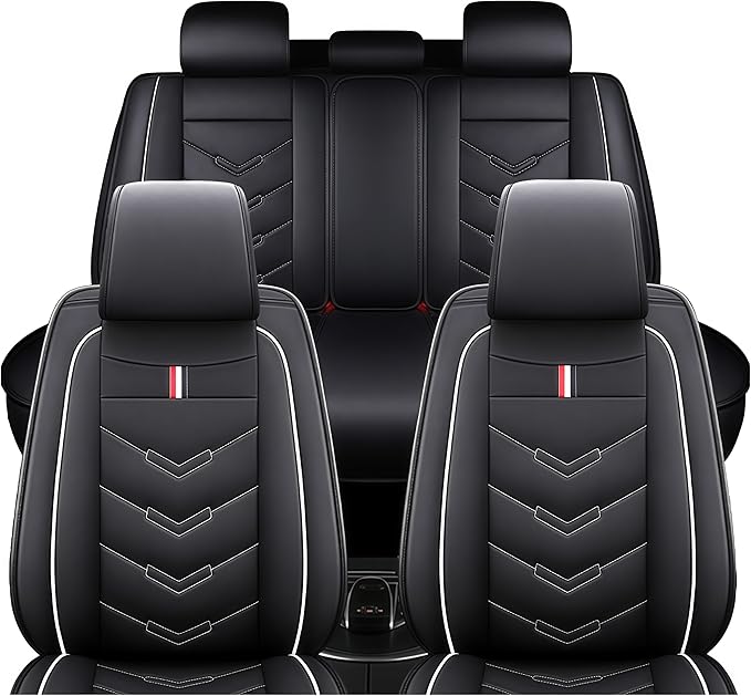 Leather Car Seat Covers Fit for LR LR4 2009-2016, 5 Seater Waterproof and Wear-Resistant Seat Cover Interior Accessories(Full Set,Black&White)