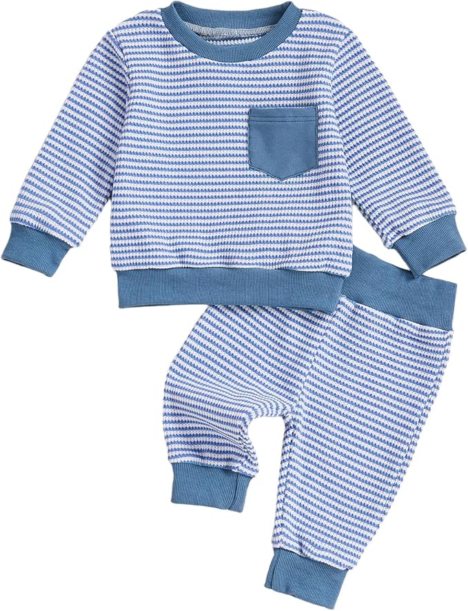 Toddler Baby Boy Fall Clothes Waffle Outfit Long Sleeve Color Blocking Sweatshirt Pullover Jogger Pant Set