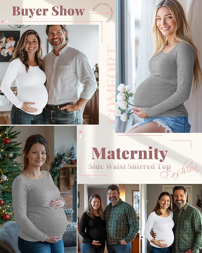 Ficerd 3 Pack Women's Maternity Shirts, Long Sleeve Side Ruched Pregnancy Tee Tops Crew Neck Casual Mama Clothes Basic Tunic
