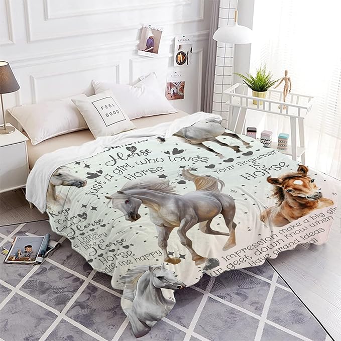 Horse Blanket for Boys Girls, Flowers Animals Kids Throw Blanket Gift for Child, Fluffy Cozy Soft Lightweight Blankets for Bed Office, 40x50 Inches