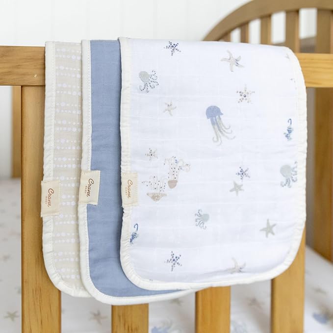 Crane Baby Muslin Baby Burp Cloths, Lightweight Absorbent Burp Cloth, Sea Life Jellyfish, Set of 3, 7” x 20”, Newborn Baby Essentials, Burp Cloths Baby Boy, Burp Cloths Baby Girl, Newborn Essentials