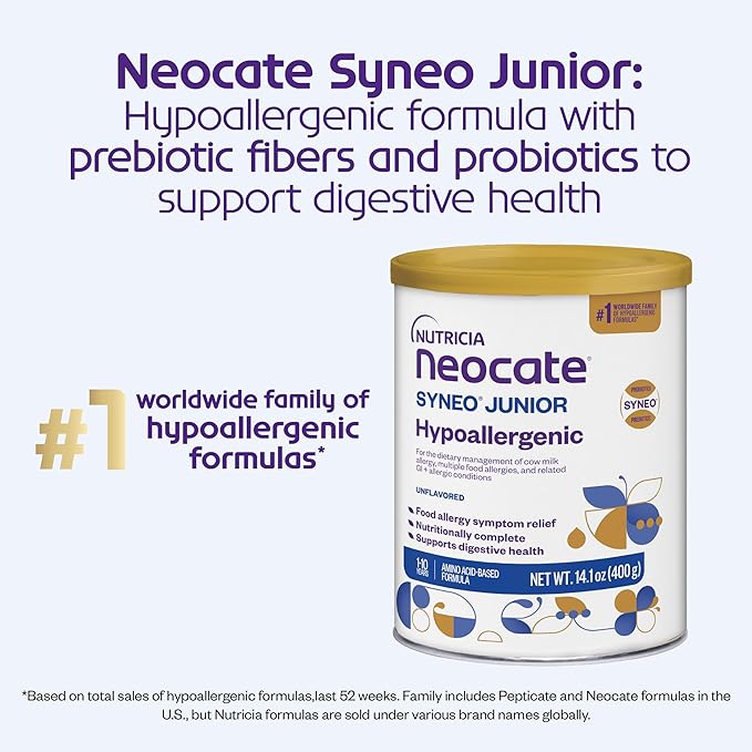 Nutricia Neocate Syneo Junior - Hypoallergenic, Dairy-free, Amino Acid-Based Formula for 1+ Years - For Toddlers, Kids & Teens - Powdered Formula- Syneo Junior - 14.1 oz can (Case of 4)