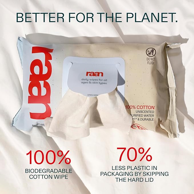Raan, 100% Cotton Baby & Toddler Wipes, Unbleached, 99% Purified Water, Unscented, EWG verified, Made for Sensitive Skin, Extra Soft and Durable, 4 pack, 240 Count