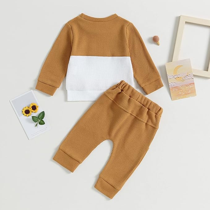 Toddler Baby Boy Fall Clothes Waffle Contrast Color Sweatshirt Pants Sets Infant Winter Outfits 6 12 18 24 Months