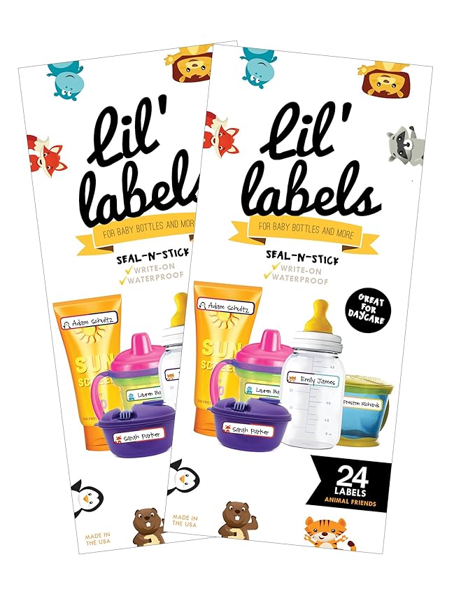 Bottle Labels, Write-On Name, Self-Laminating, Waterproof, Baby Bottle Label for Daycare, Made in The USA (Animal Friends Set of 2)