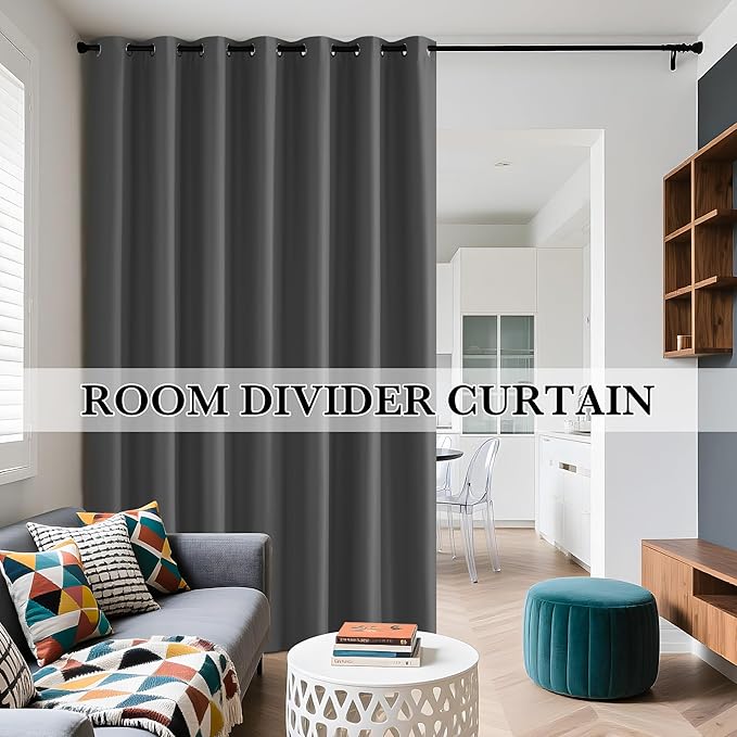 RYB HOME Extra Wide 100% Blackout Patio Door Curtain 96 inch Long, Grommet Room Darkening Room Divider Drapes, Sliding Door Curtains for Living Room/Bedroom Large Window, Grey, W100 x L96