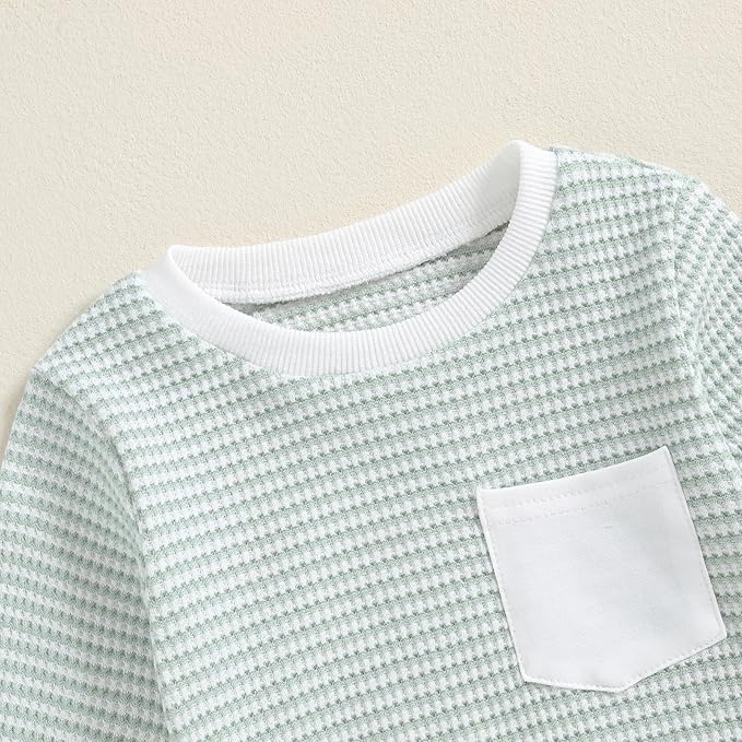 Toddler Baby Boy Fall Clothes Waffle Outfit Long Sleeve Color Blocking Sweatshirt Pullover Jogger Pant Set