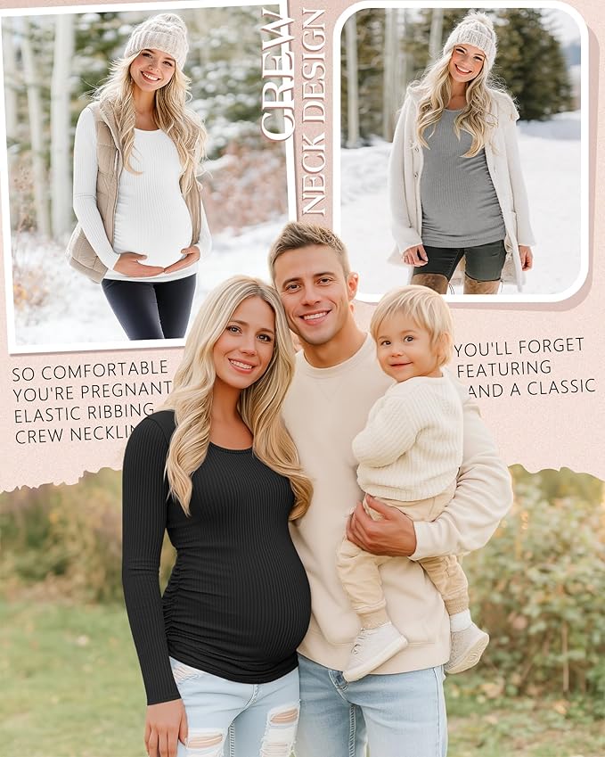 Riyiper 4 Pack Women's Maternity Shirts, Long Sleeve Cotton Ribbed Pregnancy Tee Top Crewneck Side Ruched Casual Mama Clothes